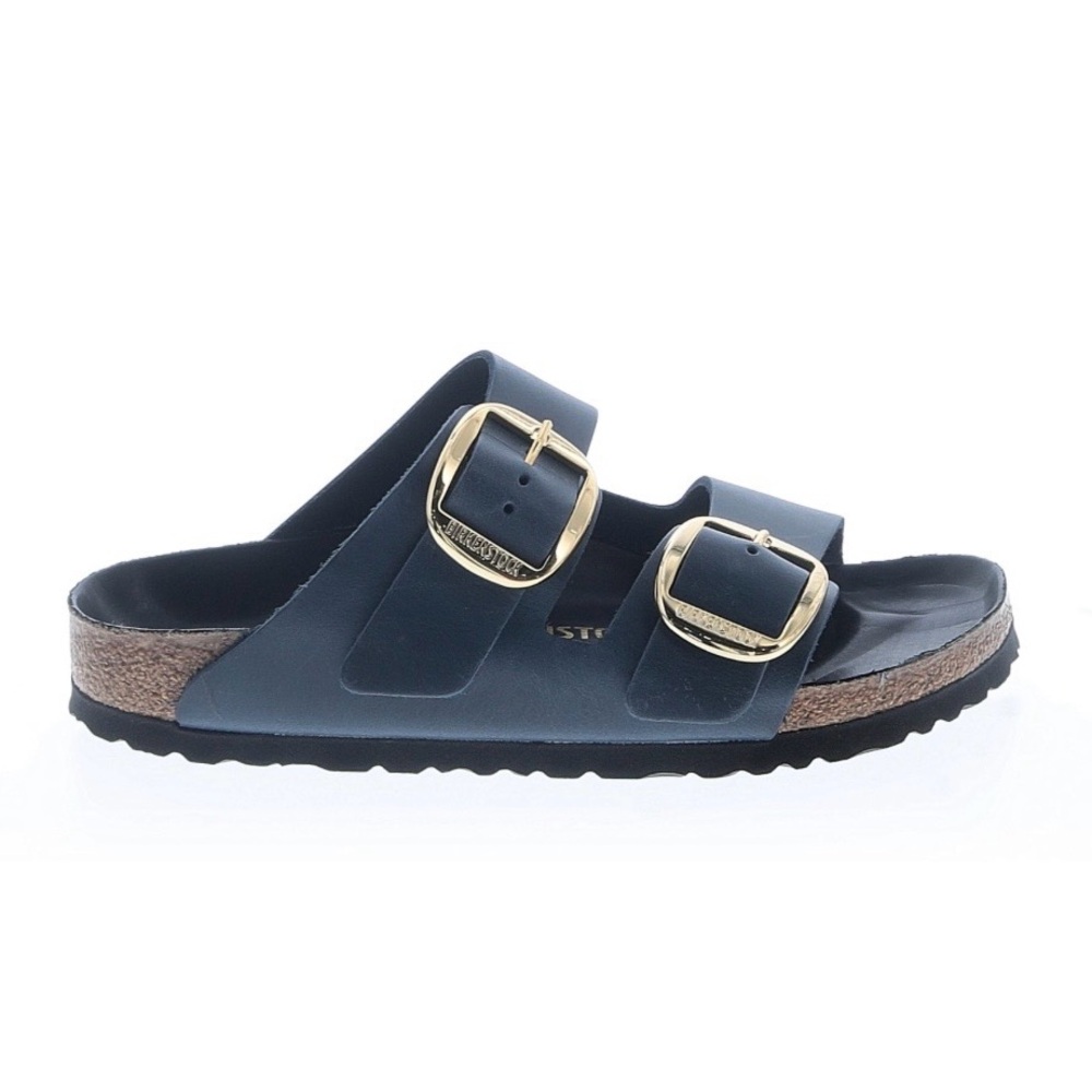 Birkenstock Arizona Big Buckle Two-Strap Slide in Navy with Gold Buckles